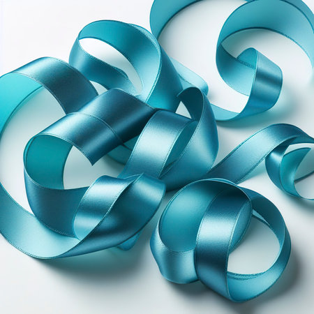 Blue silk ribbon with on white backgroundの素材