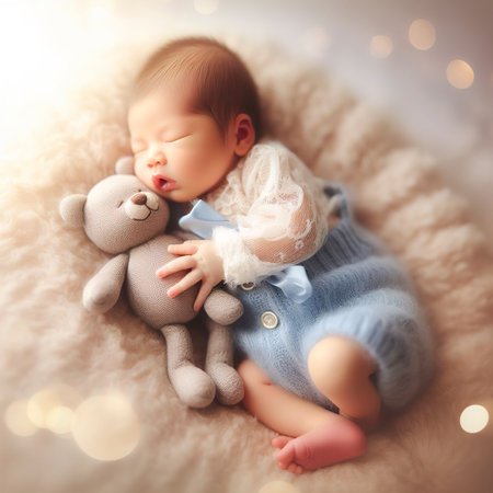 Portrait of newborn baby with plush animalの素材