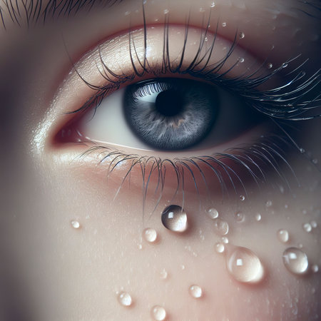 There is a close up of a persons eye with water droplets on itの素材