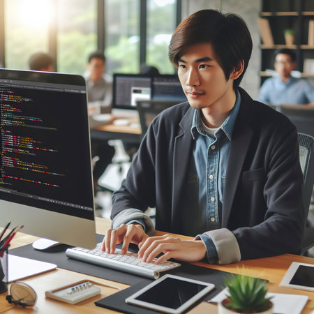 Asian man working code program developer computer web development working design software on desk in office.の素材