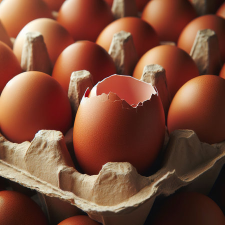 Brown Chicken egg is half broken among other eggsの素材