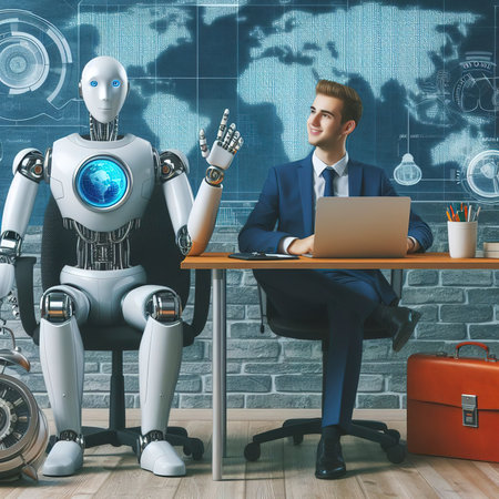 View of robot next to human businesspersonの素材