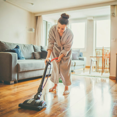 a girl in slippers and a bathrobe vacuuming the floor in an apartmentの素材