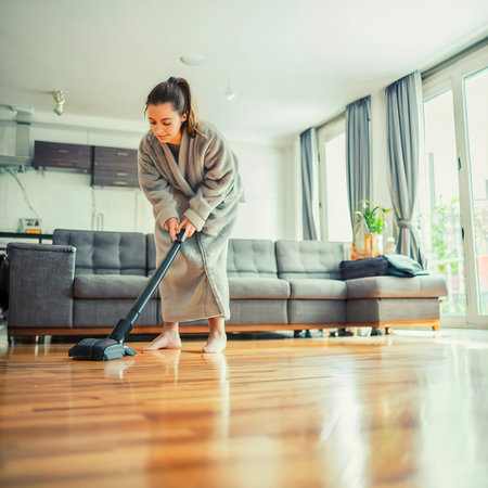a girl in slippers and a bathrobe vacuuming the floor in an apartmentの素材