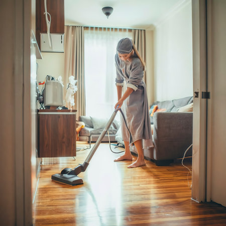 a girl in slippers and a bathrobe vacuuming the floor in an apartmentの素材
