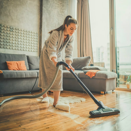 a girl in slippers and a bathrobe vacuuming the floor in an apartmentの素材