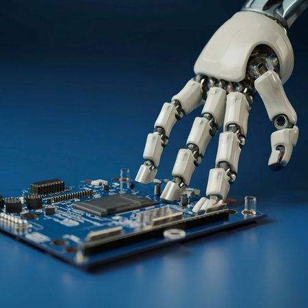 A robot hand reaches up to a circuit board with a blue backgroundの素材