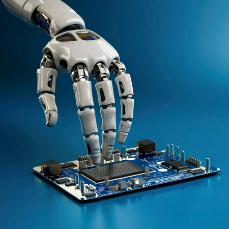 A robot hand reaches up to a circuit board with a blue backgroundの素材
