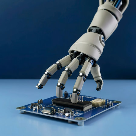 A robot hand reaches up to a circuit board with a blue backgroundの素材