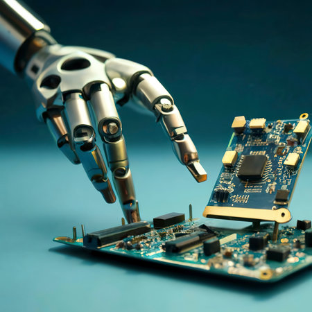 A robot hand reaches up to a circuit board with a blue backgroundの素材