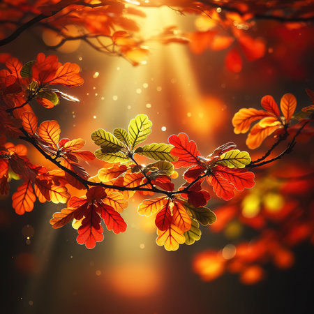 Vibrant autumn tree branch in close up beautyの素材