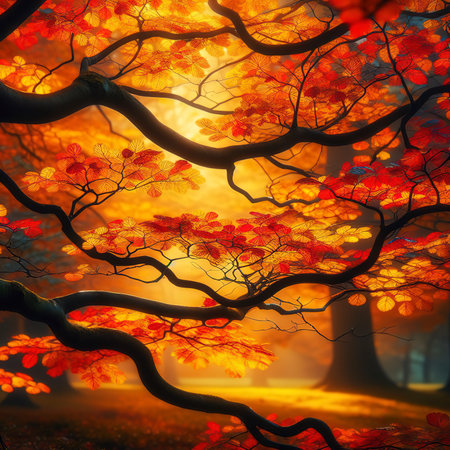 Vibrant autumn tree branch in close up beautyの素材