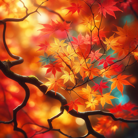 Vibrant autumn tree branch in close up beautyの素材