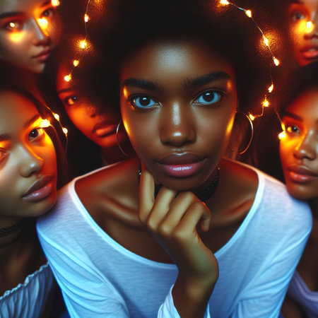 Young adult women looking at camera glowing eyesの素材