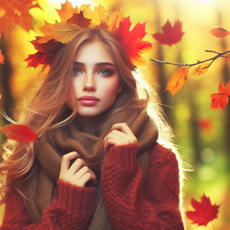 Young woman abstract autumn beauty in natureの素材