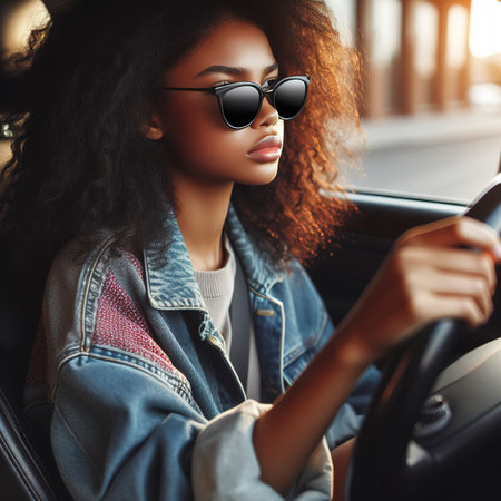 Girl in sunglasses drive a car and look from windowの素材