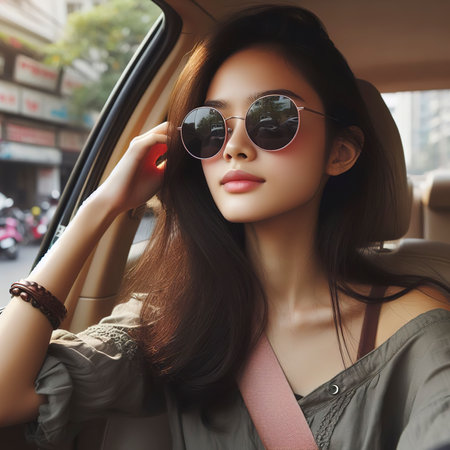 Girl in sunglasses drive a car and look from windowの素材