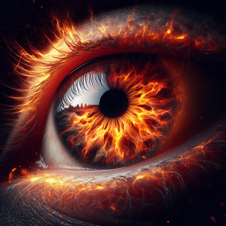 Macro image of human eye in fireの素材