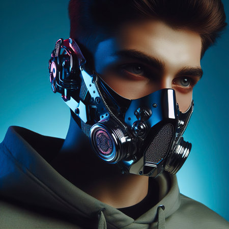 Medium shot model posing with futuristic maskの素材