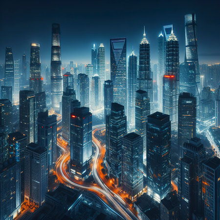 Modern skyscrapers illuminate night city vanishing into darkの素材