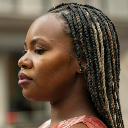 Extreme close up of young african-american woman with braided hair focus on plump natural ethnic lips and faceの素材