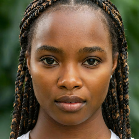 Extreme close up of young african-american woman with braided hair focus on plump natural ethnic lips and faceの素材