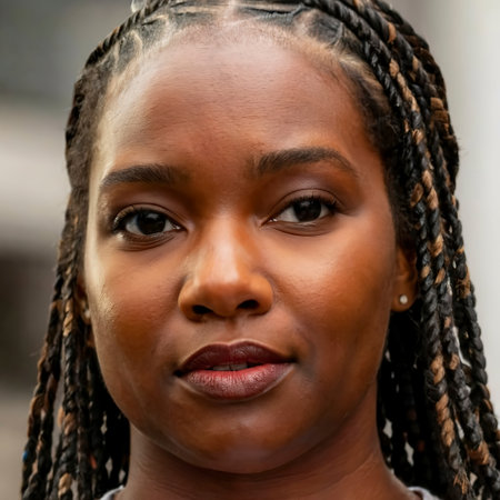 Extreme close up of young african-american woman with braided hair focus on plump natural ethnic lips and faceの素材