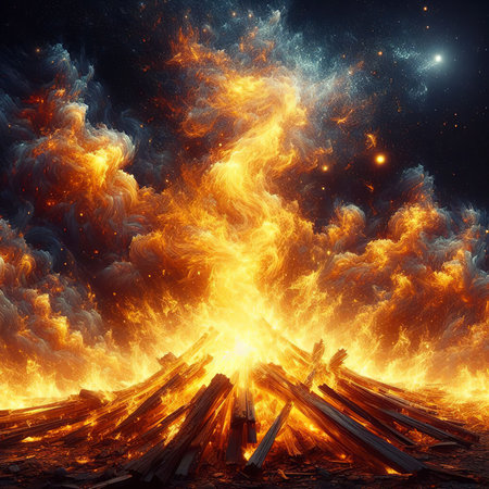 Bright yellow fire blazing against night skyの素材