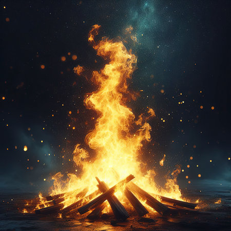 Bright yellow fire blazing against night skyの素材
