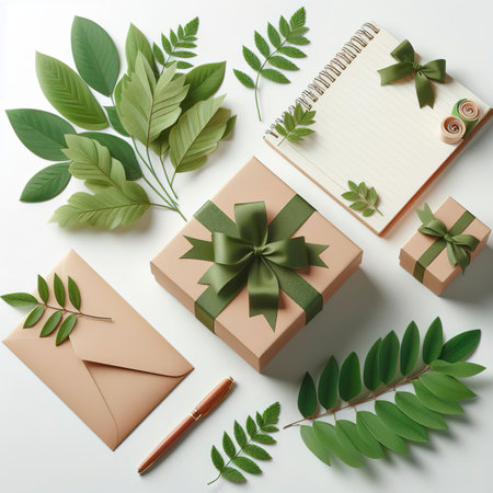 Gift box, envelope and notebook with green leaves on a white backgroundの素材