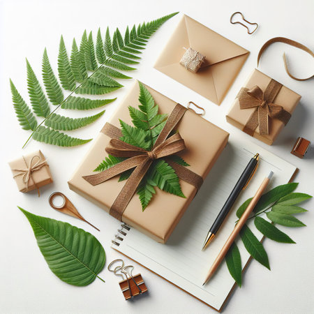 Gift box, envelope and notebook with green leaves on a white backgroundの素材
