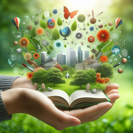 Read and knowledge concept, hand holding book on soft green park banner backgroundの素材