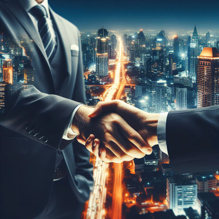 Successful agreement and negotiate concept, businessman shake hands with partner with blur night city backgroundの素材