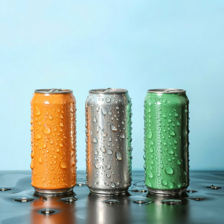 Aluminum cans with water drops on color backgroundの素材