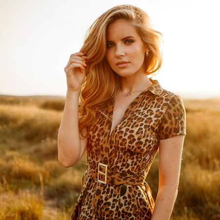 Fashion lifestyle portrait woman in a dress with leopard printの素材