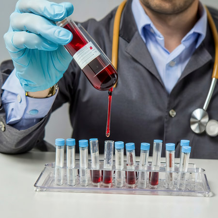 Medical laboratory. A hand in a medical glove pours blood into a petri dish for analysis. Laboratory testsの素材