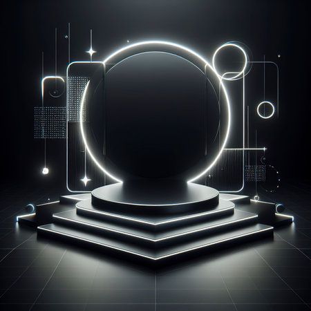 Abstract black stage platform with neon light, template for advertising productの素材