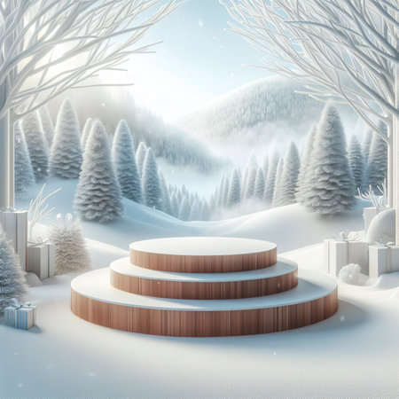 Abstract Winter landscape scene with a podium for product displayの素材