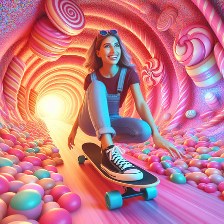 Happy woman on a skateboard in a candy tunnel virtual space. Metaverse sports conceptの素材