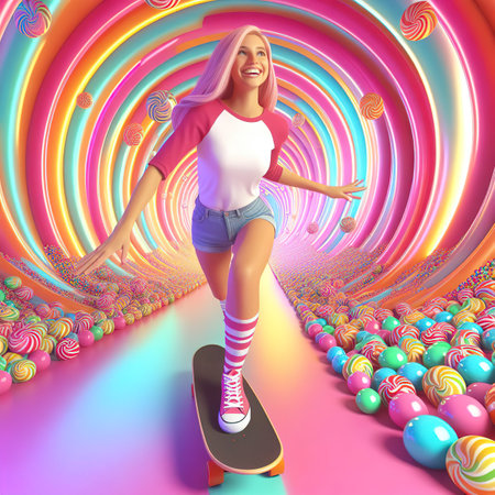 Happy woman on a skateboard in a candy tunnel virtual space. Metaverse sports conceptの素材