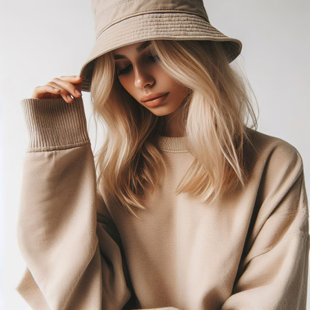 Urban street style Blonde Girl in white studio. Details of everyday lookの素材