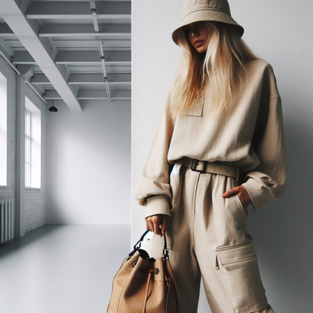 Urban street style Blonde Girl in white studio. Details of everyday lookの素材