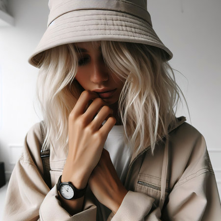 Urban street style Blonde Girl in white studio. Details of everyday lookの素材