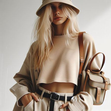 Urban street style Blonde Girl in white studio. Details of everyday lookの素材