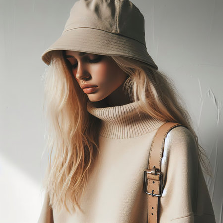 Urban street style Blonde Girl in white studio. Details of everyday lookの素材