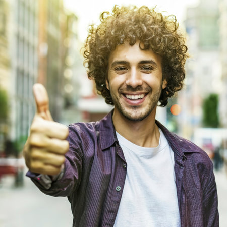 Portrait of happy curly hair man signaling with thumbs upの素材