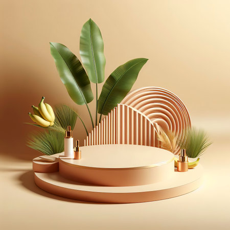 Abstract Podium Platform Product Display with Banana Leaves 3D Renderingの素材