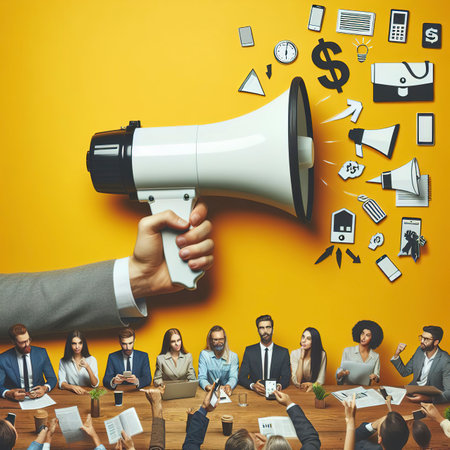 Hand holding megaphone on yellow background ads and sales conceptの素材