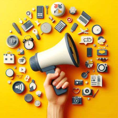 Hand holding megaphone on yellow background ads and sales conceptの素材