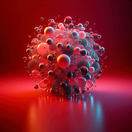 Abstract glass drops beads on a neon red background, copy spaceの素材